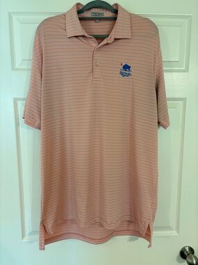 Peter Millar Peach Striped Polo with Navy Logo